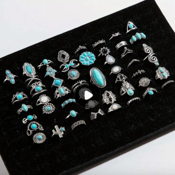 (J205) 50 Piece Vintage Style Boho Chic Turquoise Ring Set